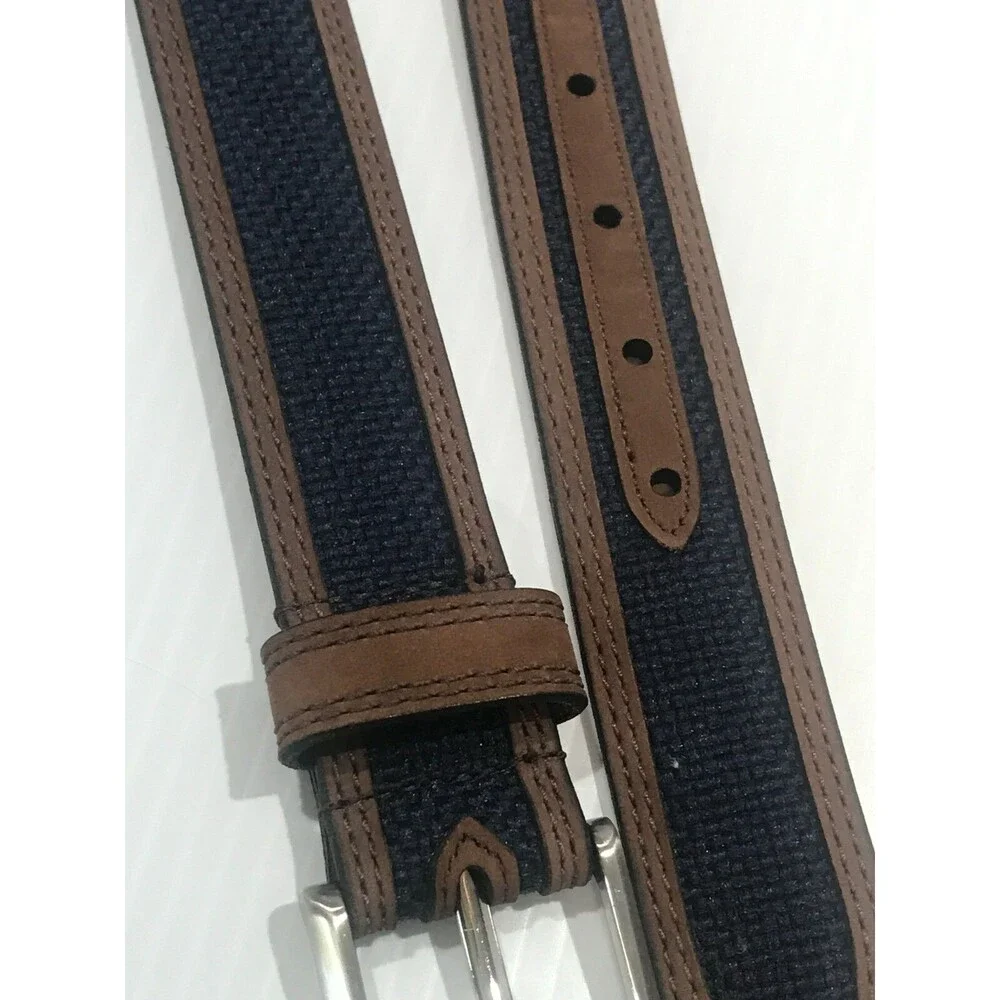 Lejon Men's Woven Belt Leather Trim Natural Fiber Navy & Brown Silver Buckle 50
